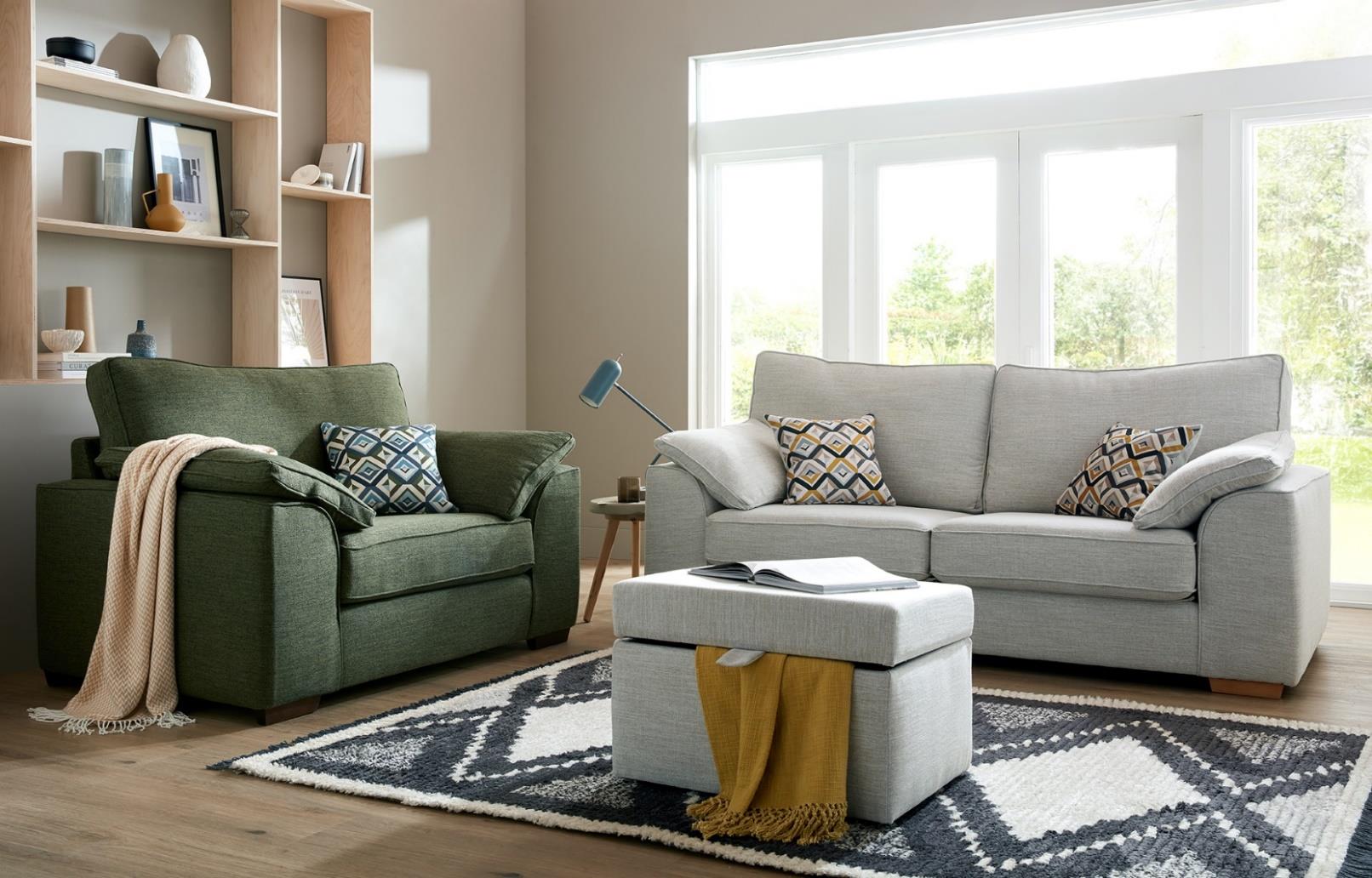Oslo 3 Seater Sofa In Urban Cloud Fabric With Vader Mustard Scatters